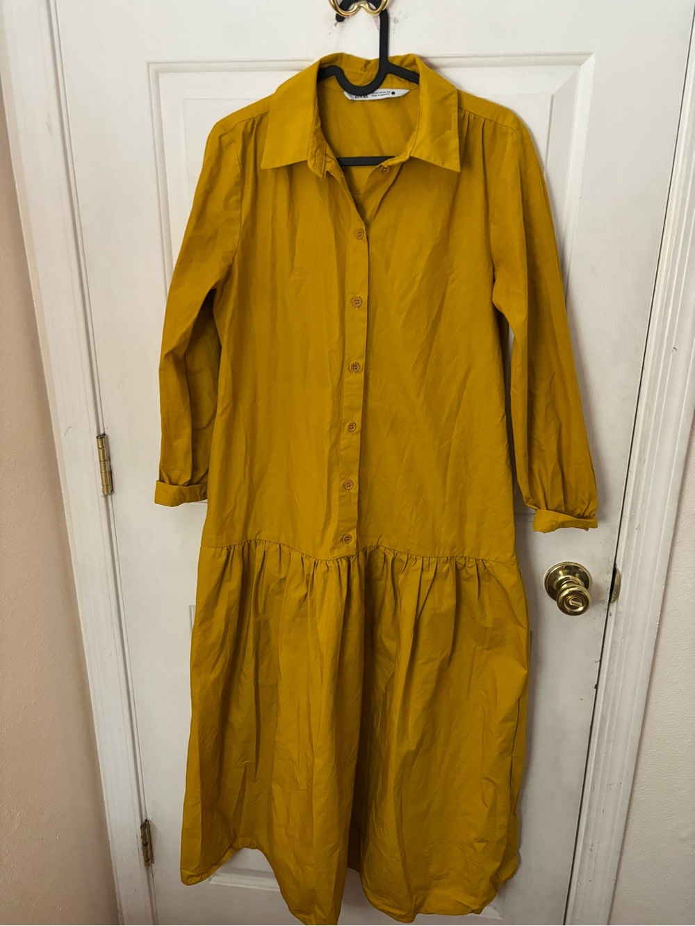 Zara Mustard Button-Front Long Sleeve Midi Dress